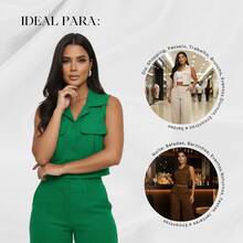Elegant Women's Linen Vest And High-Waisted Pants Set - Bendera Hijau - View 5