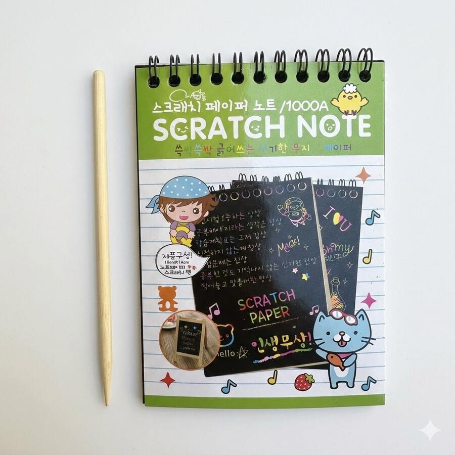 Cuaderno Scratch Art multicolor, tamaño pequeño para niños con lápiz para rasgar, juguete creativo y educativo - Verde - Ver 1