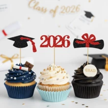 15/30件套2026毕业庆典纸杯蛋糕装饰套装，金色闪光毕业蛋糕装饰插牌，2026毕业派对装饰，毕业证书和毕业帽甜点装饰，适用于毕业庆典 - 經典畢業3件套 - 查看 8