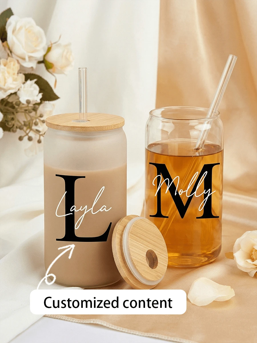 1pc [Customized] Personalized Couple Cups With Lid And Straw, Customized Wedding Gift Frosted Glass Cup, Kitchen Drinking Cup, Suitable For Travel And Storage Of Beverages, Juices, Milkshakes, Essential Tool For Birthdays, New Year, Valentine's Day Parties, Also An Excellent New Year Gift Or Graduation Gift For Best Friends, Suitable For All Seasons