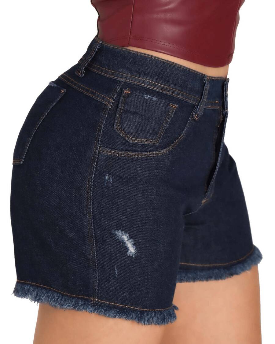 Women's High-Waisted Denim Shorts With Frayed Hem, Premium Fabric, Casual Bermuda Shorts For Women - 深色水洗藍 - 查看 1
