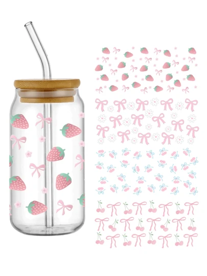 Pink Bow Ribbon Decorative Decal Self-Adhesive Wraps For Plastic Cups, Waterproof Scratch-Resistant 3d Decals For Glassware And Bottles ,Uv Self-Adhesive Plastic Cups & Bottles Wraps, Waterproof & Scratch-Resistant, High-Quality Strawberries, Cherries, And Bows Transfer Sticker For Water Cups And Other Items With Smooth Surfaces - High-Quality Embellishments (4.3 X 9.4 Inches),Only Stickers, No Cup