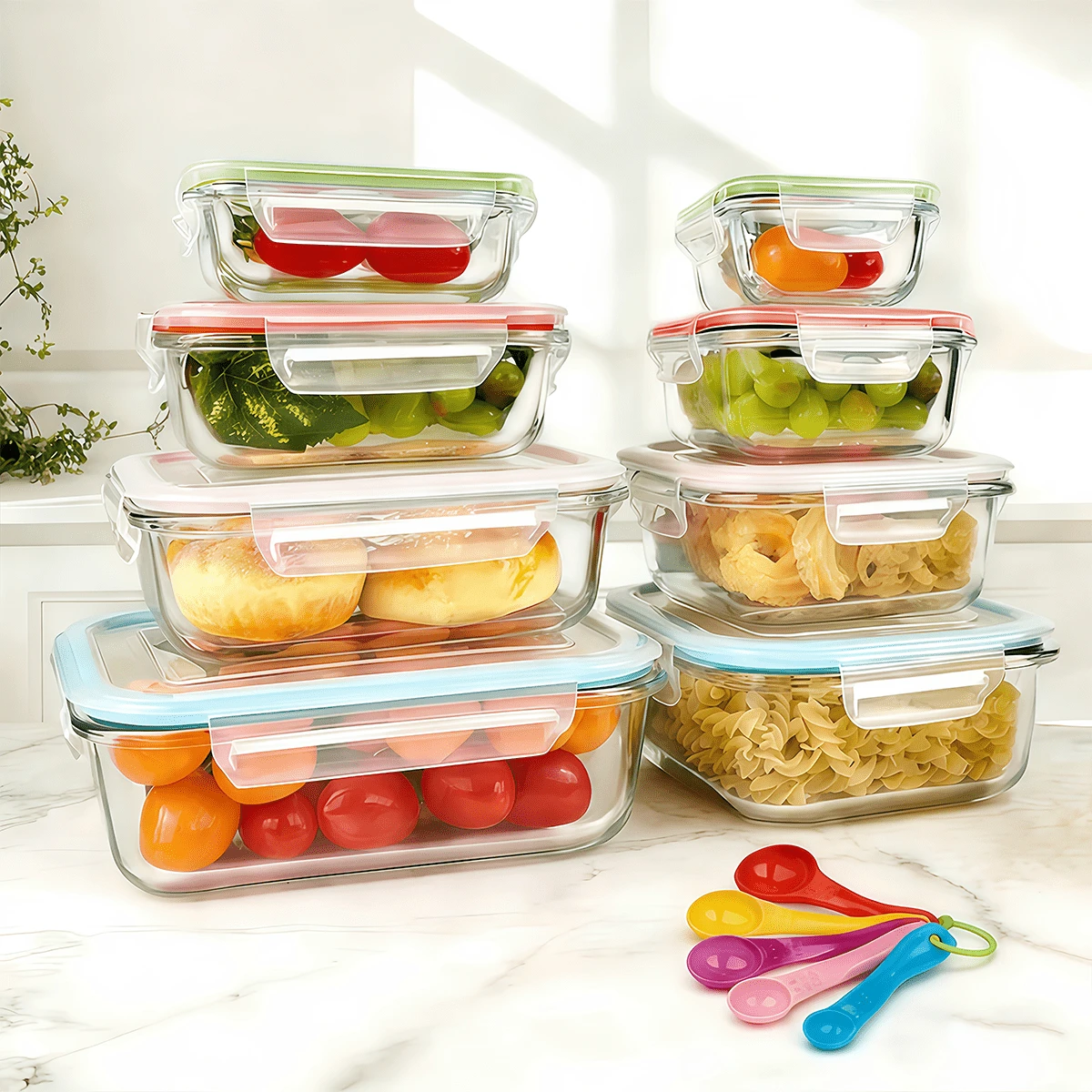 JIASLING 8pcs Lids 8pcs Containers Glass Food Storage Containers Set Lunch Box Leakproof Airtight Microwave & Oven Stackable Kitchen Organizers - 綠色 - 查看 1
