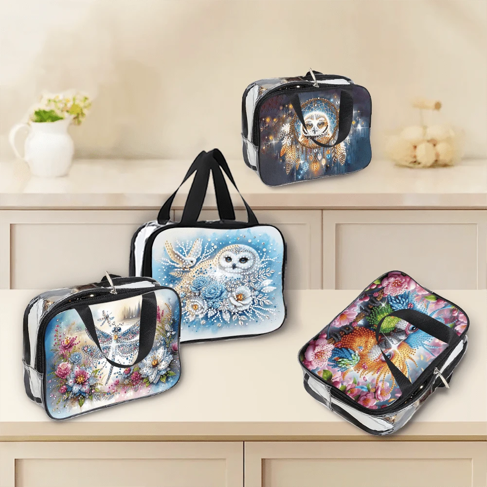 1 pieza Kit de pintura de diamantes Bolsa de cosméticos, diseño de búho, loro, libélula, material de PVC transparente, bolsa de aseo de gran capacidad, organizador de maquillaje de viaje con cremallera portátil