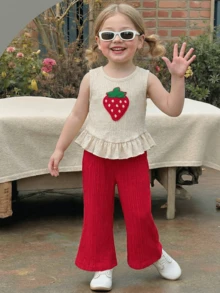 2pcs Baby Girls Summer New Cute Cartoon Strawberry Solid Chiffon Patchwork Ruffle Top + Solid Chiffon Casual Flare Pants Set - Multicolor - View 1
