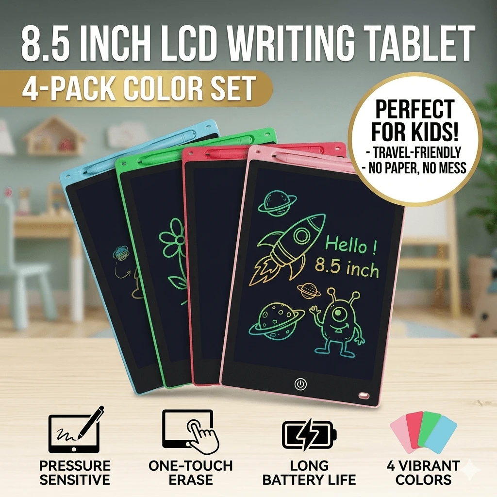4 Pieces 8.5 Inch LCD Writing Tablet For Kids , Colorful Electronic Drawing Pad, Erasable Reusable Toddler Doodle Board, Educational Learning Toy Birthday Gift For 3-6 Year Old Boys Girls - Pink + Blue + Green + Red - View 1