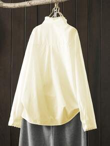 Women's Solid Color Stand Collar Button Front Casual Loose Long Sleeve Shirt Spring - Yellow - View 2