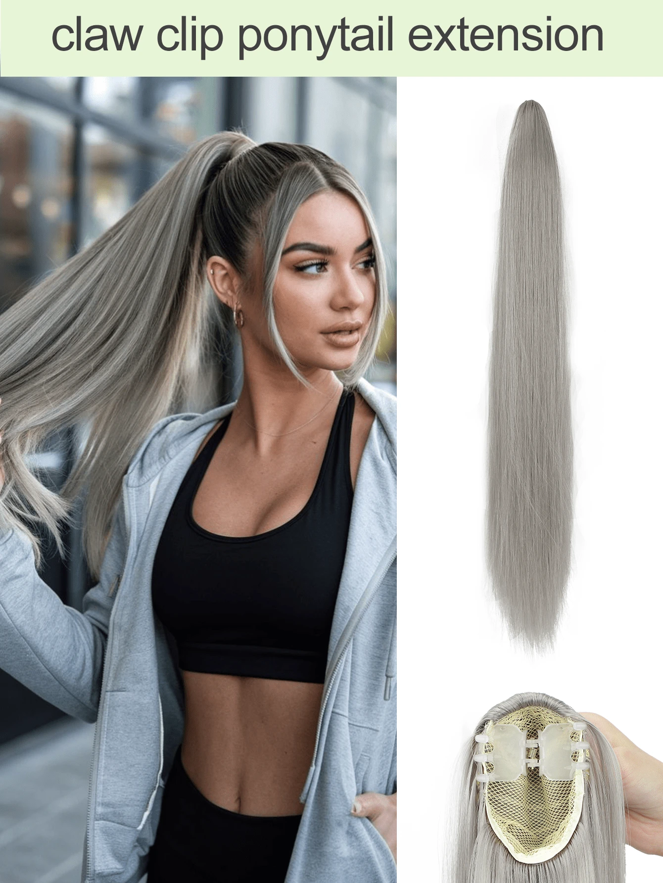 24 Inch Long Straight Hair Ponytail Clip-In Synthetic Fiber Natural Look Ponytail Extension, For Daily Use - Light Grey - View 1