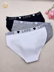 3pcs Women's Solid Color Mid-Rise Briefs, Elegant Letter Print, Stretchy Knit Fabric, Multi-Color Options - Multicolor - View 3