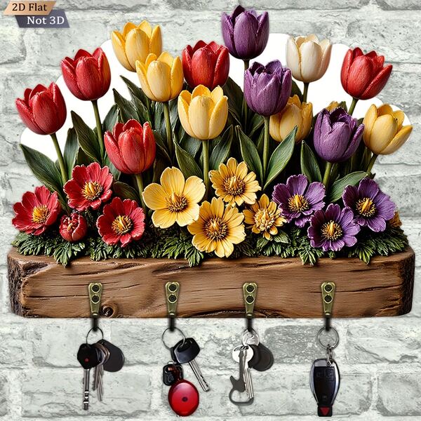 Móc treo chìa khóa gỗ đế hoa tulip 2D phẳng nhiều màu, 1 cái, giá treo chìa khóa gỗ đa năng treo tường 4 móc kim loại, kệ đựng chìa khóa, trang trí tường, trang trí hiên nhà, trang trí phòng, trang trí biệt thự, trang trí nhà cửa quanh năm, quà tặng hoàn hảo cho bạn bè và gia đình