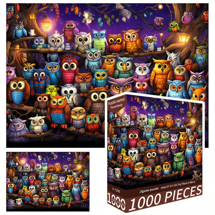 1000片拼图，猫头鹰一家，尺寸70厘米 x 50厘米，包含风景和卡通两种风格。这是一款艺术装饰品，适合缓解成人压力，也是节日和生日的绝佳礼物。