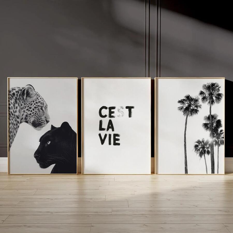 3 Stücke ungerahmtes modernes Stockholm Leoparden Muster Schwarz-Weiß Leinwand Poster, modisch elegantes Luxus Dekorationsbild, geeignet für Wohnzimmer, Schlafzimmer, Apartment, Flur, Zuhause und Studentenwohnheim Dekoration