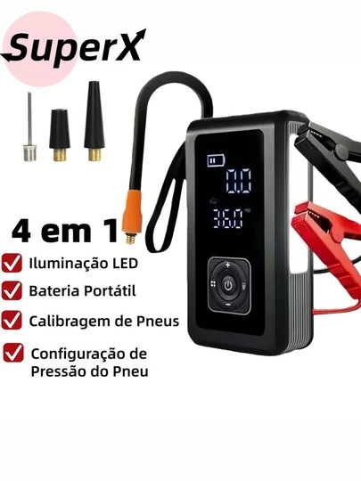 Bomba de Ar Portátil 4 em 1 Recarregável com Luz LED | Ideal para Emergências em Veículos e Bicicletas