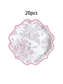 10 pièces/20 pièces/30 pièces Assiettes en papier vintage à motif floral blanc et rose de 7 pouces/9 pouces avec bord festonné, assiettes en papier à fleurs roses, assiettes jetables pour thé, jardin, anniversaire, shower de mariage - rose - Voir 7