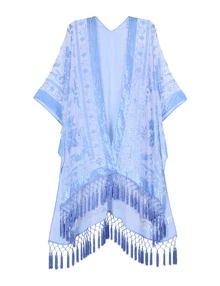 WeHello Women's Boho Burnout Velvet Kimono Long Cover Up With Tassel Casual Cardigan Shawl Flowy Fabric Beachwear Suit Womenswear Clothes Swimwear Coverups SpringStatements - 淺藍色 - 查看 2