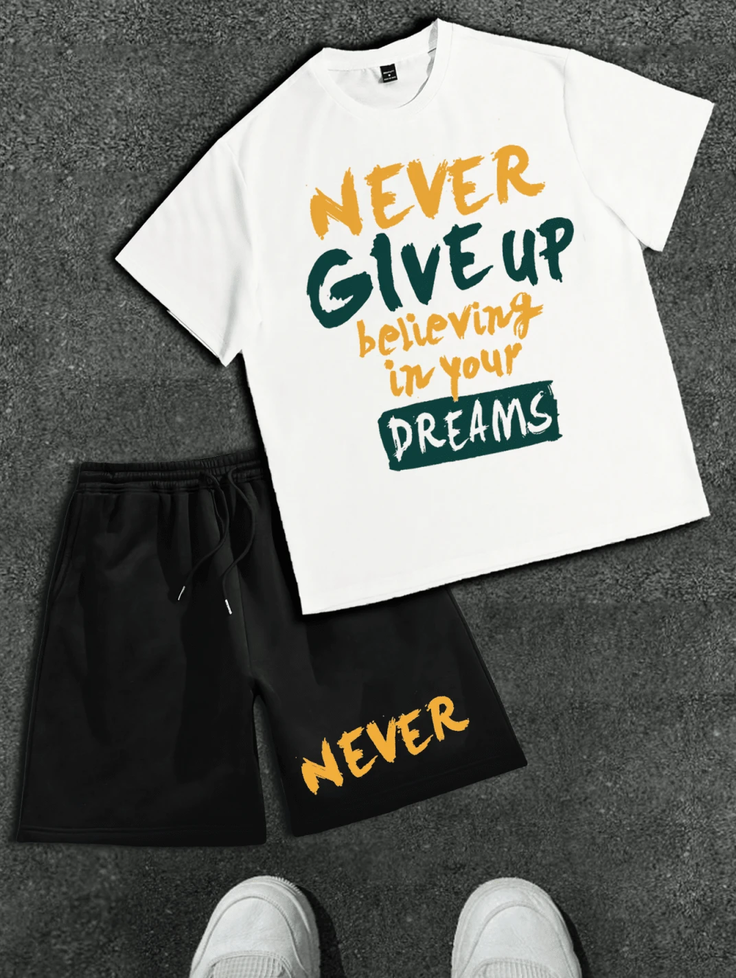 1PC Knitted Men's  T-Shirt And Shorts Set For Everyday Comfort And Style Never Give Up Print Set,L Vintage Shirts Graphic Tees Men Camisas Para Hombre Funny Shirts Printed & Shipped In USA Men Tops For Summer,--Summer New Short Sleeve Pattern Top,Oversized T-Shirt,  Polos For Men,Mens Clothes,Men Shirts,Men Vacation Outfits,Polo Shirt, Button Up Shirt, Vintage Graphic Tee, Streetwear Tops, Waffle Knit Shirt, Men's Henley, Pocket Tees, Henley Shirts, Loose Fit Tops, Comfortable For Summer Wear, Simple And Casual, Men's Cool Short-Sleeve T-Shirt,Cotton Loose Fit Short Sleeve Tee, Men's Heavyweight Cotton T-Shirt,Men's Fashion, Basic Tee, Plain T-Shirt, Cotton, Streetwear, Minimalist, Summer Top, Wardrobe Staple, High Quality, Solid Tee,Graphic Tees - Áo phông trắng + quần short đen - Xem 1