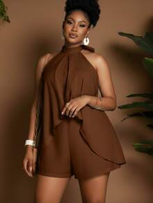 Women's Plus Size Jumpsuit Dress, Halter Neck, Loose Fit, Open Back - Rust Brown - View 1