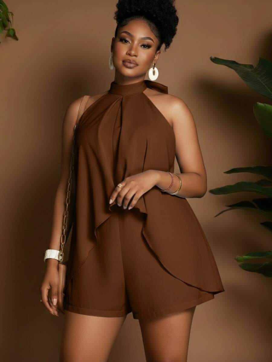 Women's Plus Size Jumpsuit Dress, Halter Neck, Loose Fit, Open Back - Rust Brown - View 1