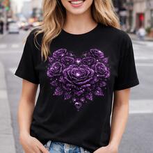 1 pieza de camiseta de algodón de talla grande para mujer, tallas S-5XL, con estampado de corazón de rosa morada brillante, camiseta casual de manga corta con cuello redondo, suave y transpirable, top de verano, regalo para el Día de San Valentín, moda para uso diario, camiseta básica de corte holgado para mujer. . Camiseta estampada de manga corta, casual y elegante para hombre. - Negro - Ver 1