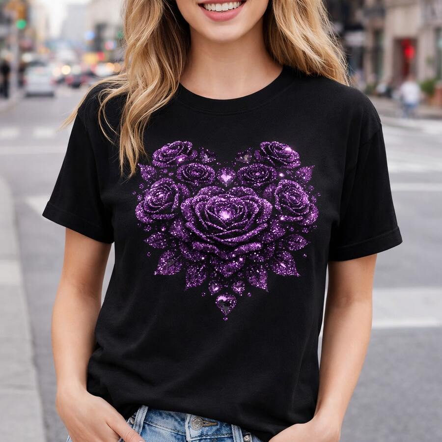 1 pieza de camiseta de algodón de talla grande para mujer, tallas S-5XL, con estampado de corazón de rosa morada brillante, camiseta casual de manga corta con cuello redondo, suave y transpirable, top de verano, regalo para el Día de San Valentín, moda para uso diario, camiseta básica de corte holgado para mujer. . Camiseta estampada de manga corta, casual y elegante para hombre. - Negro - Ver 1
