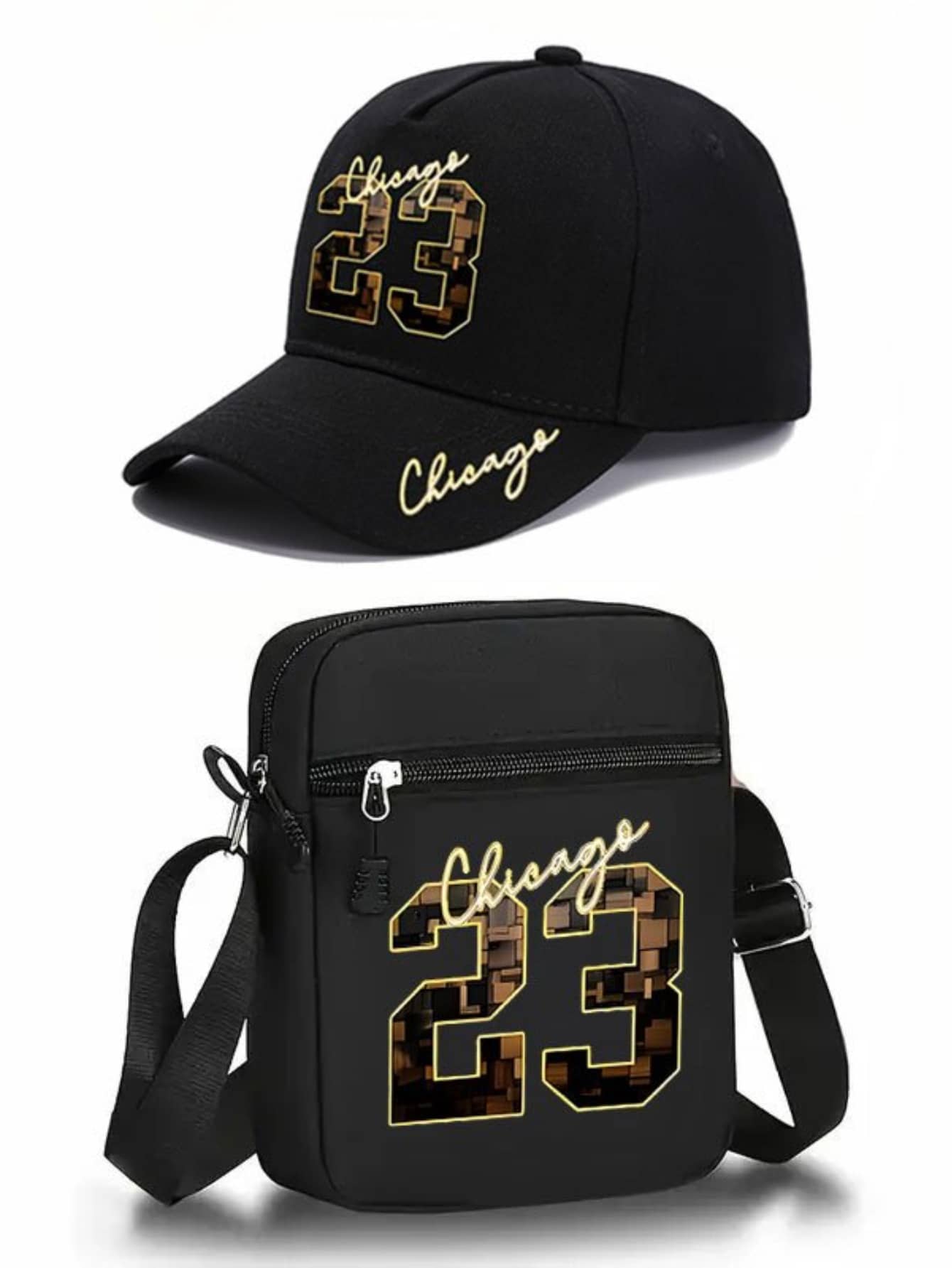 Zestaw 1 szt./2 szt. czapki baseballowej i torby na ramię w kolorze złotym z nadrukiem Chicago Letter & Number 23, modna czapka unisex z regulacją i torba na ramię, idealna na prezent i do noszenia na co dzień - Wielokolorowe - Zobacz 1