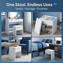 Vanity Stool With Storage, Dimensions: 14.2 Inches (L) X 9.4 Inches (W) X 15.7 Inches (H), Soft Footstool, High-Resilience Cushioned Seat, Modern Multi-Functional Vanity Chair, White For Bedroom. - 白色 - 查看 8