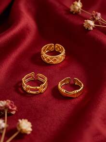 3/1件 - 法式奢华不锈钢女士戒指，双环交织钻石图案，竹节连接，多种款式，是搭配复古服装的完美配饰。 - 金色 - 查看 2