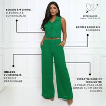 Elegant Women's Linen Vest And High-Waisted Pants Set - Bendera Hijau - View 4