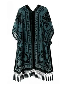 WeHello Women's Boho Burnout Velvet Kimono Long Cover Up With Tassel Casual Cardigan Shawl Flowy Fabric Beachwear Suit Womenswear Clothes Swimwear Coverups SpringStatements - 墨綠色 - 查看 2