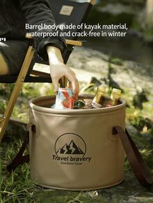 1pc 20L Travel Bravery Outdoor Foldable Water Bucket | Large Capacity Portable Camping Ice Bucket | Leak-Proof Material | Foldable Storage Only 2cm Thick | Heat-Resistant Odorless Design | Multi-Functional For Camping Handwashing | Khaki And Army Green Colors Available | Mountainous Pattern Outdoor Style | Reinforced Bucket Body Can Be Filled With Water | Carry Handle Design For Portable Travel | Picnic Party Beverage Chilling - Folding Storage Bucket - View 6
