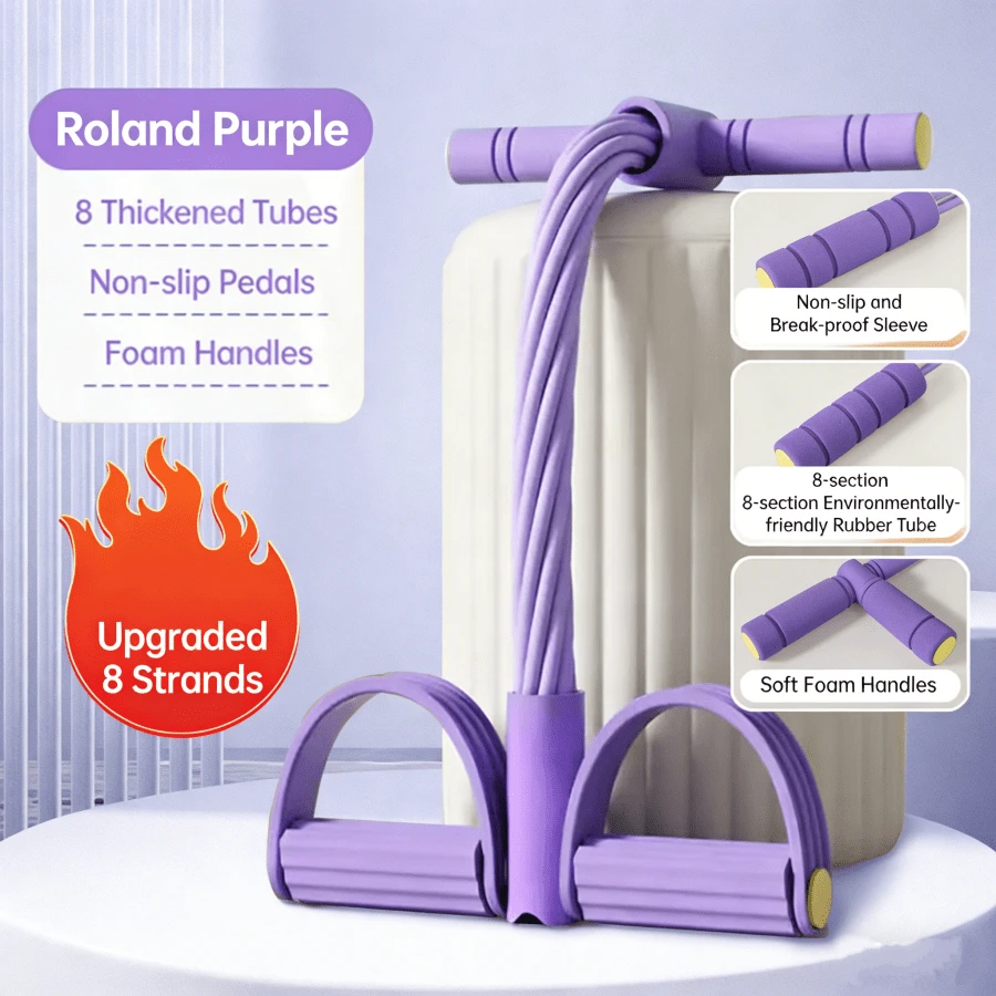 1pc Multi Tube Resistance Band, 4/6/8 Tube Tension Trainer, With Antiskid Pedal And Foam Grip, Suitable For Training And Yoga - Purple - View 1
