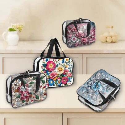 1pc Diamond Painting Cosmetic Bag Kit, Floral Pattern, PVC Material Spacious Makeup Pouch With Secure Zipper Closure, Suitable For Fashionable Ladies Daily Travel, Easy To Clean