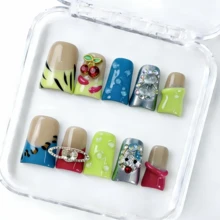 Nailchic 10 PCS Handmade Duck Press-On Nails | Vibrant Y2K Colorful Acrylic Nails, 3D Silver Planet & Red Cherry Gem Embellished Art - 彩色 - 查看 6