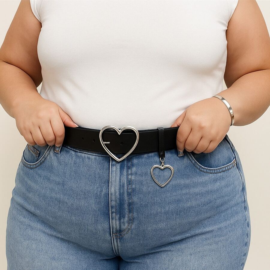 Women's PLUS SIZE Heart Belt With SILVER Pendant - Black - View 1