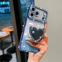 Luxury Shiny Rhinestone Lens Protect Plating Anti-Drop Case With Shiny Glitter Makeup Mirror Ring Holder Bracket Phone Case Compatible With IPhone 17ProMax 17Pro 17 16Promax 15 14 Plus 13 12 Pro Max 11 17Air Galaxy HONOR NOTE High Quality Shockproof Bumper Back Cover - Blue - View 4