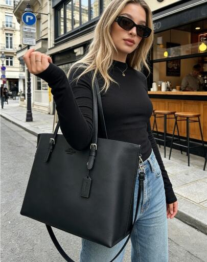  COACH Mollie 34 Logo Zipper Closure Leather Tote Bag Shopping Bag Shoulder Handbag Large Women Black Elegant Fashionable Design