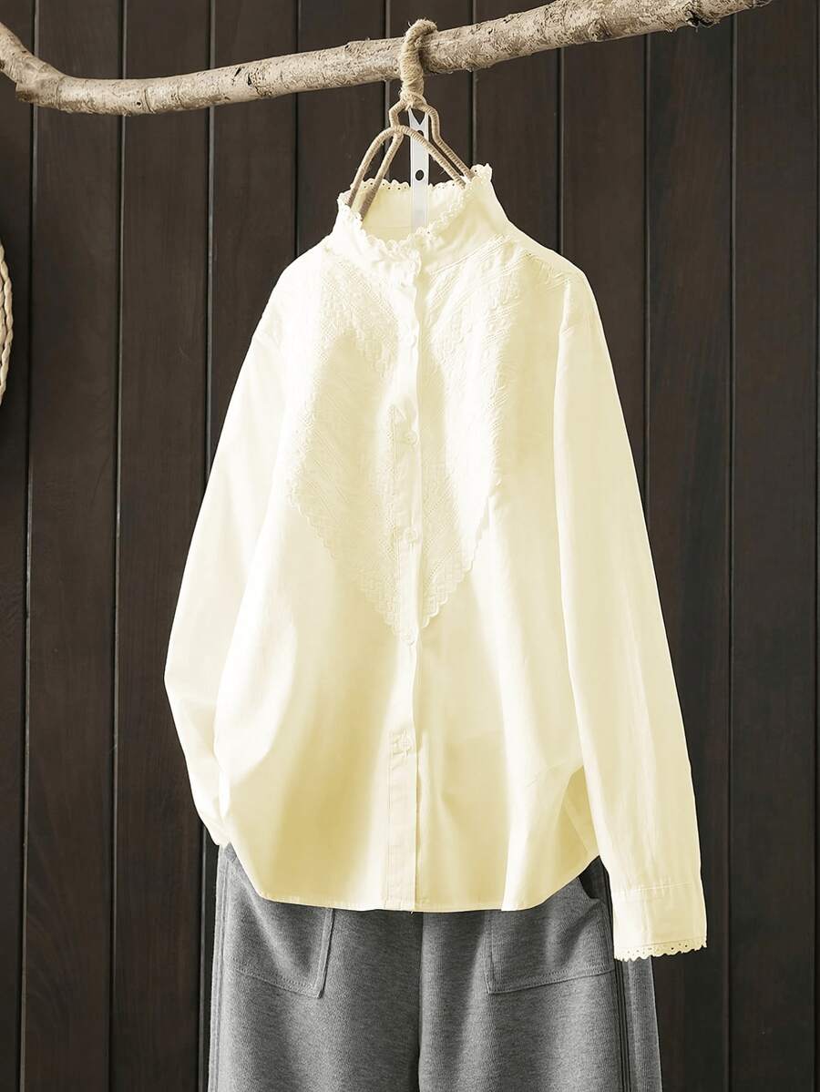 Women's Solid Color Stand Collar Button Front Casual Loose Long Sleeve Shirt Spring - Yellow - View 1