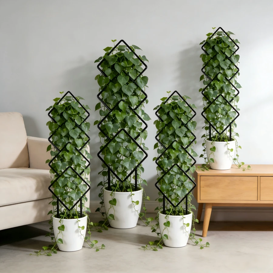 4件套现代几何造型花架 | 时尚几何植物支架 | 室内/室外攀援植物花架雕塑 - 美观的雕塑结构，适用于马来西亚铁木、常春藤或玫瑰，增添现代装饰效果