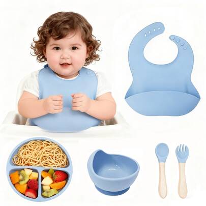 5pcs Silicone Baby Feeding Set, Includes Divided Suction Bowl, Suction Bowl, Bib, Training Cup, Self-Feeding Utensils, Silicone Material, Baby Food Feeding Supplies, Suitable For Baby Gifts