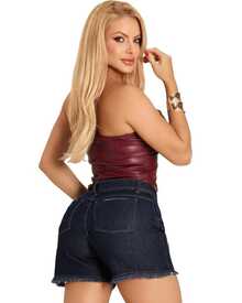 Women's High-Waisted Denim Shorts With Frayed Hem, Premium Fabric, Casual Bermuda Shorts For Women - 深色水洗藍 - 查看 3