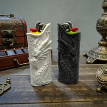 1pc 3D Chinese Dragon Lighter Case For BIC J6, Black/White Embossed Lighter Cover For Smoking Accessories - Multicolor - View 10
