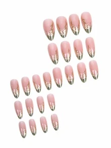 24pcs Nude Pink Glossy Medium Almond False Nails Set, Fresh Green French Cat Eye, Makes You Sparkle, With Irregular Gold-Plated Lines, Ideal For Daily Summer Wear - Green - View 4