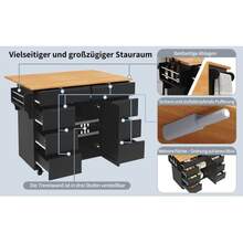 Modern Kitchen Island Table, Cabinets, Retractable Kitchen Cart With Wheels And Worktop, Dining Cart With Spice Rack And 8 Drawers, Black - B - View 6