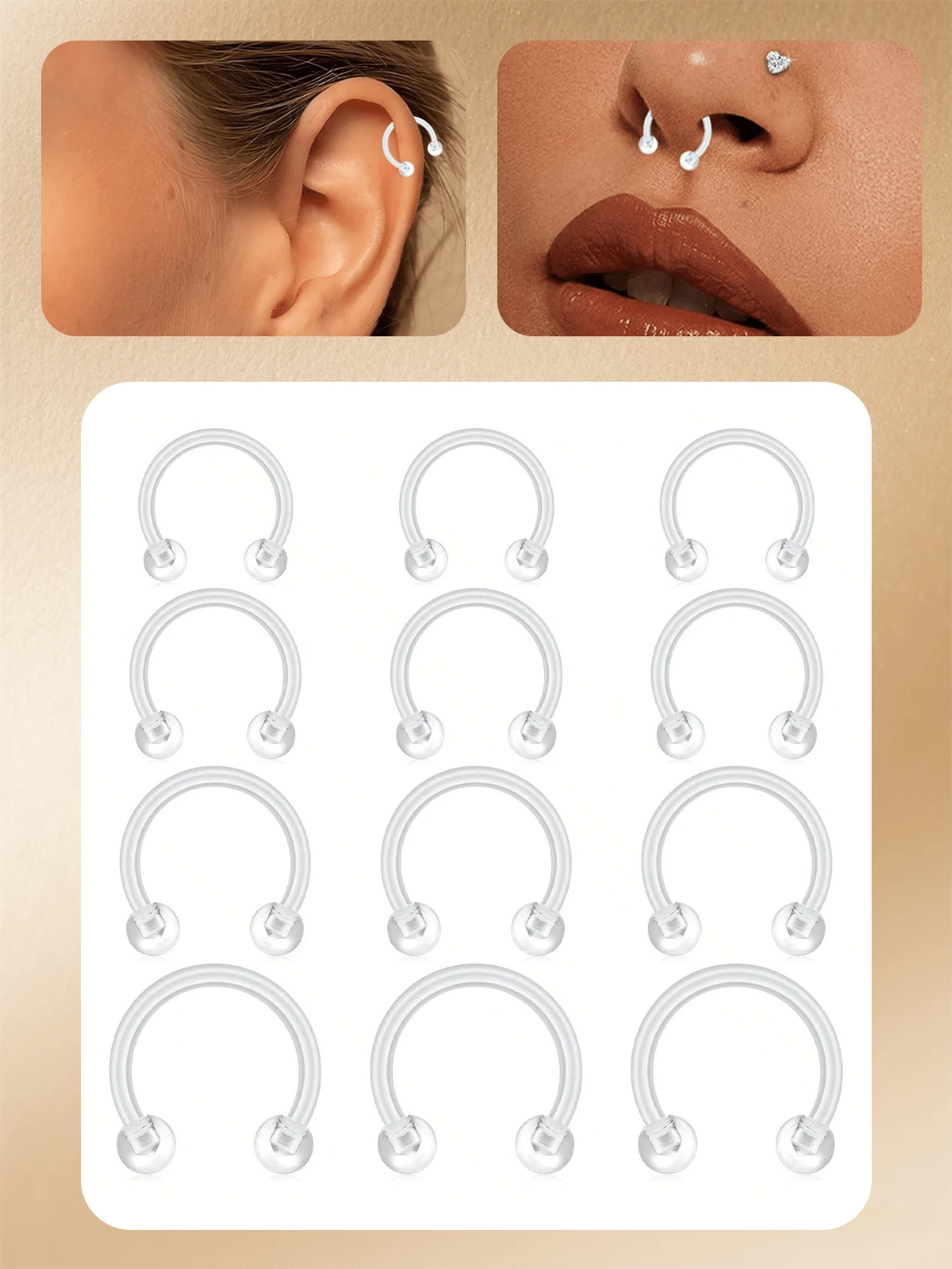 CIZME Khuyên mũi/môi/tai hình móng ngựa trong suốt 16G, khuyên mũi septum bằng nhựa, nút bịt tai Bioflex Acrylic, khuyên hình móng ngựa có tạ, thích hợp cho công việc và trường học, kích thước 6mm-12mm - Trong sáng - Xem 1