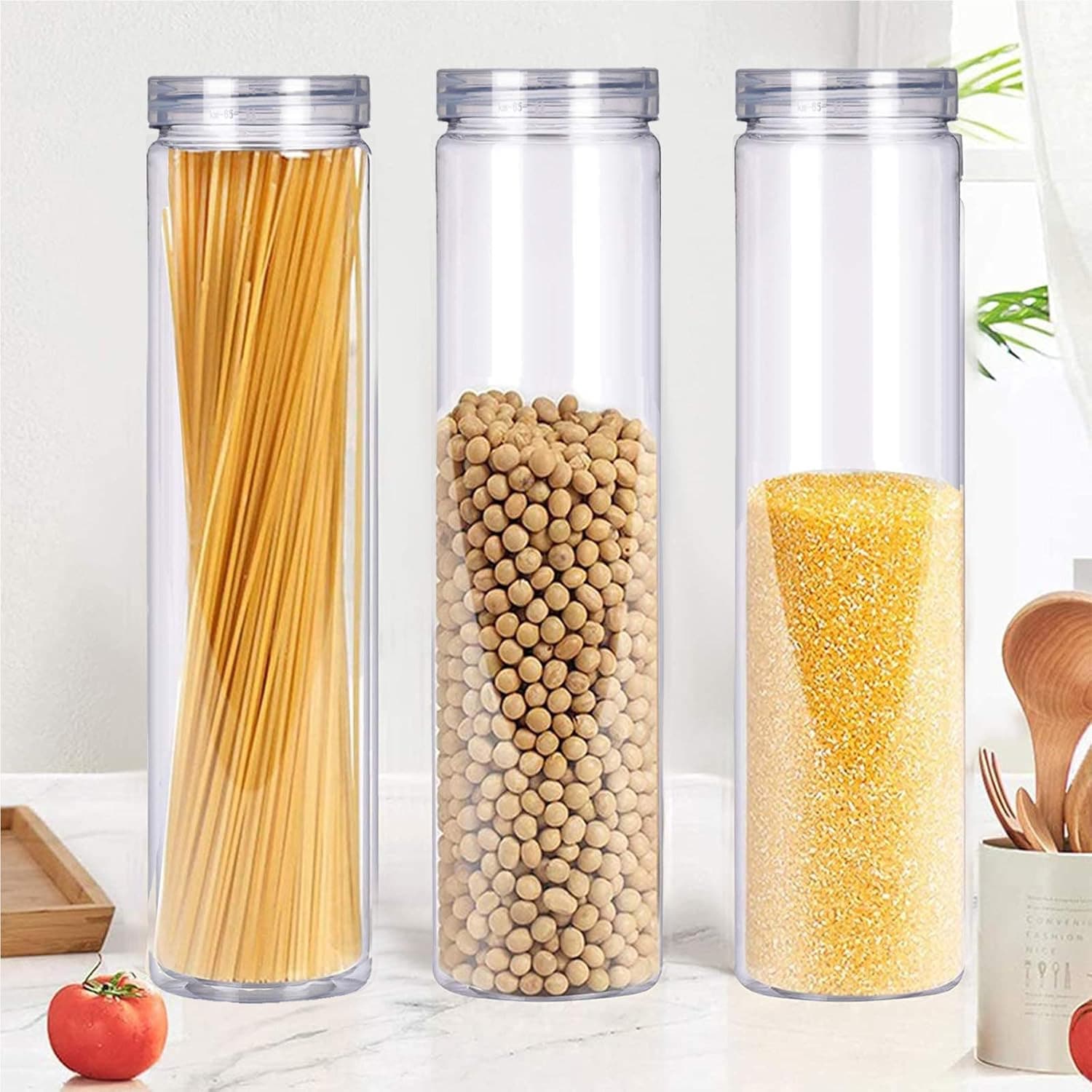3個 600ml 透明塑膠食品儲存容器附蓋，2.1*11.8英吋 (5.5*30cm)，塑膠義大利麵罐附旋蓋，適用於乾貨、麵條、香料等 - 查看 1