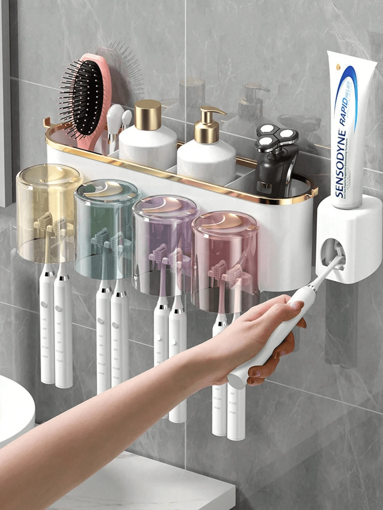 1 Set Toothbrush Holder With 2 Or 3 Or 4 Cups And Toothpaste Squeezer, Creative Bathroom Wall-Mounted Organizer For Brushing Teeth And Storage.The Color Of The Cup Is Random And May Not Match The Color In The Rendering, Which Is A Normal Phenomenon