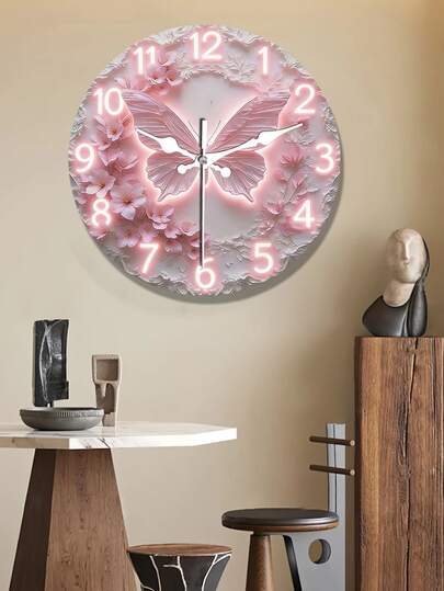 1 pieza Reloj de pared de madera con diseño plano 2D, tema romántico de flor de cerezo y mariposa rosa, reloj decorativo creativo y silencioso, 25/30cm (baterías no incluidas), diseño plano 2D