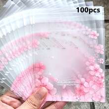 50/100/200个装磨砂樱花图案粉色花卉设计自粘包装袋，是婚礼、生日和节日礼品包装的完美之选 - 查看 9
