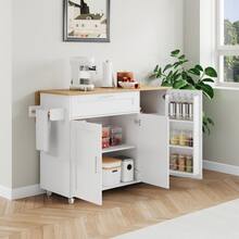 (= N635p2158284d) 132.5 * 44 (70) * Large 90cm Mobile Kitchen Table, Folding Countertop, Oak Texture, Multifunctional Cabinet, Towel Rack, 5 Casters, Suitable For Kitchen / Dining Room / Home - White - View 6
