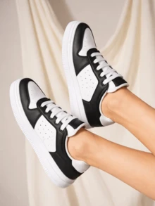 Tênis Casual Feminino Sola Reta Confortável Retrô Moda Estiloso Básico Skate - Preto - Visão 1